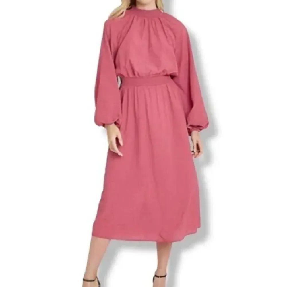 A New Day Rose Pink mauve Smocked Balloon Sleeve Mock Neck Midi Dress modest XS
